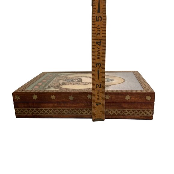 Buddha Wood Inlay Jewelry Trinket Stash Box Reverse Painted - Picture 8 of 8
